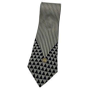 ISTANTE VERSACE 100% Silk Tie LUXURY Black Ivory Striped Geometric Logo W:4" EUC